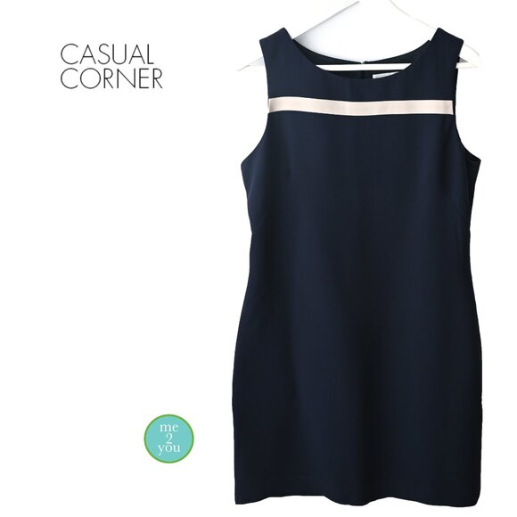 CASUAL CORNER Navy Sleeveless Dress with Beige Trim - Size 12 - Picture 3 of 8